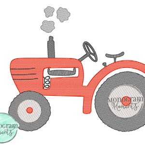 Könnte beinhalten: Roter Traktor mit schwarzen Rädern und einer grauen Rauchwolke über dem Schornstein. Der Traktor hat ein schwarzes Lenkrad und einen schwarzen Sitz.