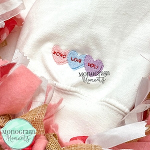 Candy hearts trio embroidery design, mini fill stitch embroidery design file