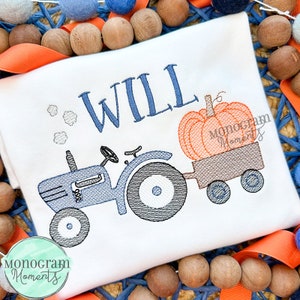 Vintage tractor and pumpkin machine embroidery design, fall bean stitch sketch embroidery design