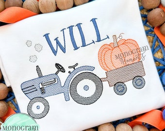 Vintage tractor and pumpkin machine embroidery design, fall bean stitch sketch embroidery design