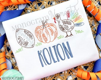 Scribble turkey, pumpkins, and football machine embroidery design, thanksgiving bean stitch sketch embroidery design