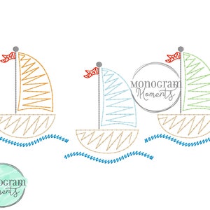 Sailboat trio machine embroidery design file, Summer bean stitch sketch embroidery design