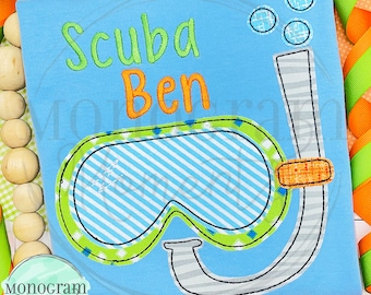 Scuba mask with bubbles machine embroidery design, summer bean stitch applique embroidery design