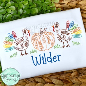Scribble turkey and pumpkins machine embroidery design, thanksgiving bean stitch sketch embroidery design