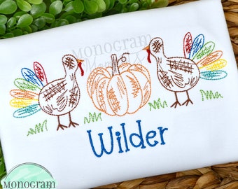 Scribble turkey and pumpkins machine embroidery design, thanksgiving bean stitch sketch embroidery design