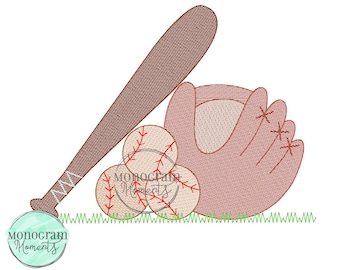 Baseballs, glove and baseball bat machine embroidery design, baseball bean stitch sketch embroidery design