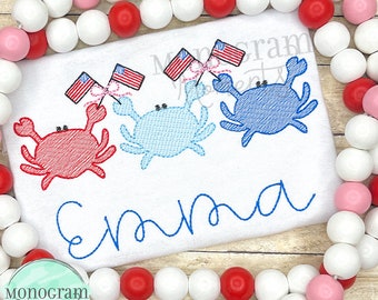 Girls crabs trio machine embroidery design, patriotic bean stitch sketch embroidery design