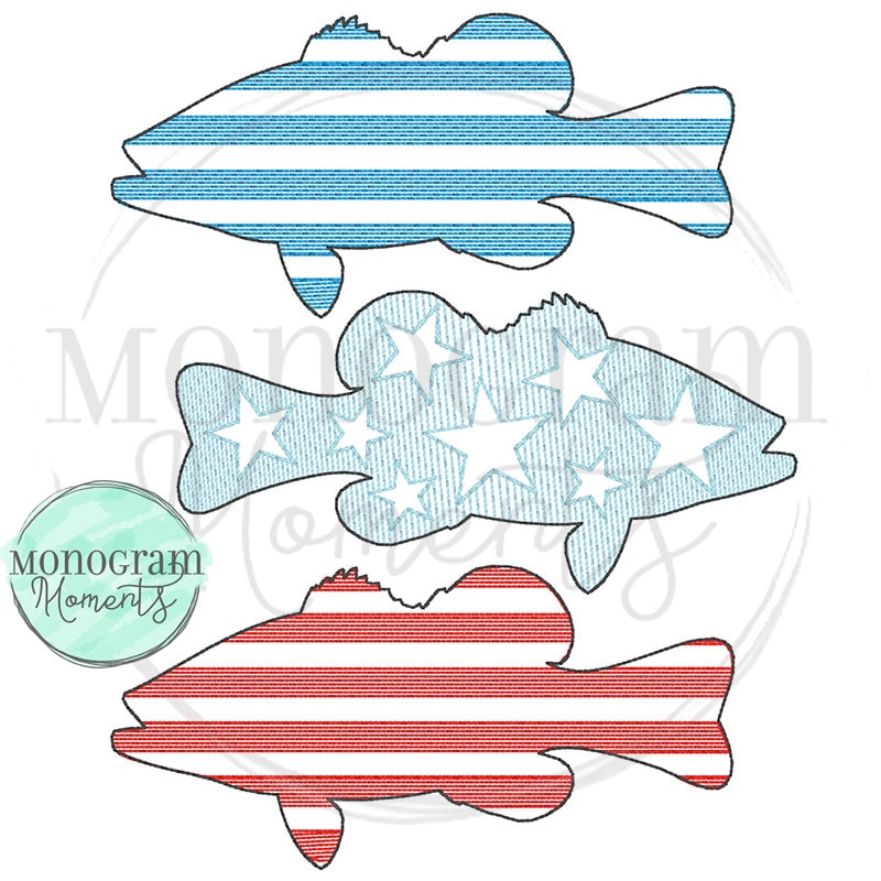 Stars and stripes bass trio machine embroidery design, patriotic bean stitch sketch embroidery design