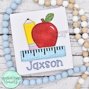 Pencil, apple, & ruler machine embroidery design file, School bean stitch sketch embroidery design