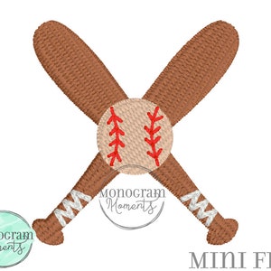 May include: A brown baseball bat and ball with white stitching and red laces, crossed over each other. The bats have white tape wrapped around the handles. The image is labeled "Mini Fill".