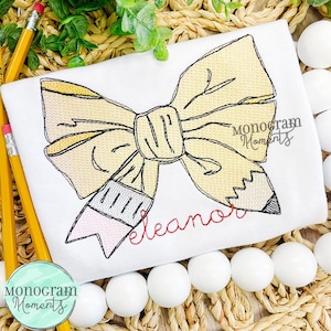 Pencil Bow machine embroidery design, school bean stitch sketch embroidery design, coquette bow design