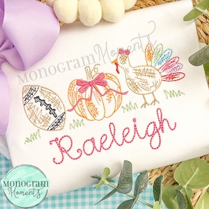 Scribble turkey, pumpkins, and football with bow machine embroidery design, thanksgiving bean stitch sketch embroidery design