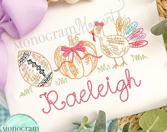 Scribble turkey, pumpkins, and football with bow machine embroidery design, thanksgiving bean stitch sketch embroidery design