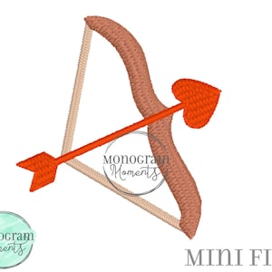 May include: An orange and brown bow and arrow with a red heart-shaped arrowhead. The arrow is pointing to the right. The bow is made of a brown material and has a white string. The image is labeled "Mini Fill".