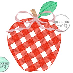 Gingham apple with bow machine embroidery design file, Summer bean stitch sketch embroidery design