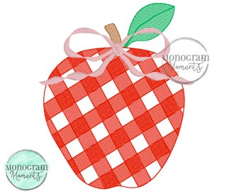 Gingham apple with bow machine embroidery design file, Summer bean stitch sketch embroidery design