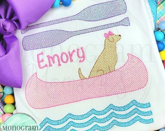 Girls canoe lab and water machine embroidery design, canoe trio bean stitch sketch embroidery design