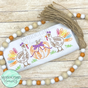 Scribble turkey and pumpkins with bow machine embroidery design, thanksgiving bean stitch sketch embroidery design