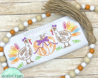 Scribble turkey and pumpkins with bow machine embroidery design, thanksgiving bean stitch sketch embroidery design