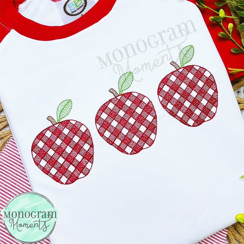 Gingham apple trio machine embroidery design, patriotic bean stitch sketch embroidery design