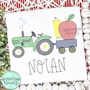 Vintage tractor and school supplies machine embroidery design, school bean stitch sketch embroidery design