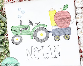 Vintage tractor and school supplies machine embroidery design, school bean stitch sketch embroidery design