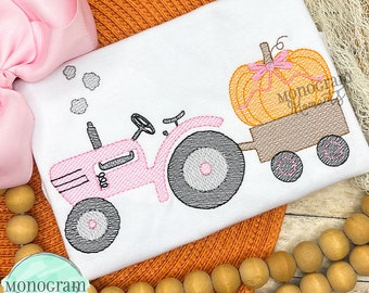 Vintage tractor and pumpkin with bow machine embroidery design, fall bean stitch sketch embroidery design