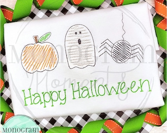 Pumpkin ghost spider machine embroidery design, Halloween bean stitch sketch embroidery design