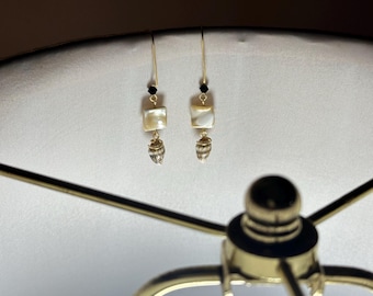 Mother of Pearl Square Drop and Seasell Earrings - The Tidal Tile Chandelier - 14k Gold Plated Wire Wrapped - Christian Jewelry