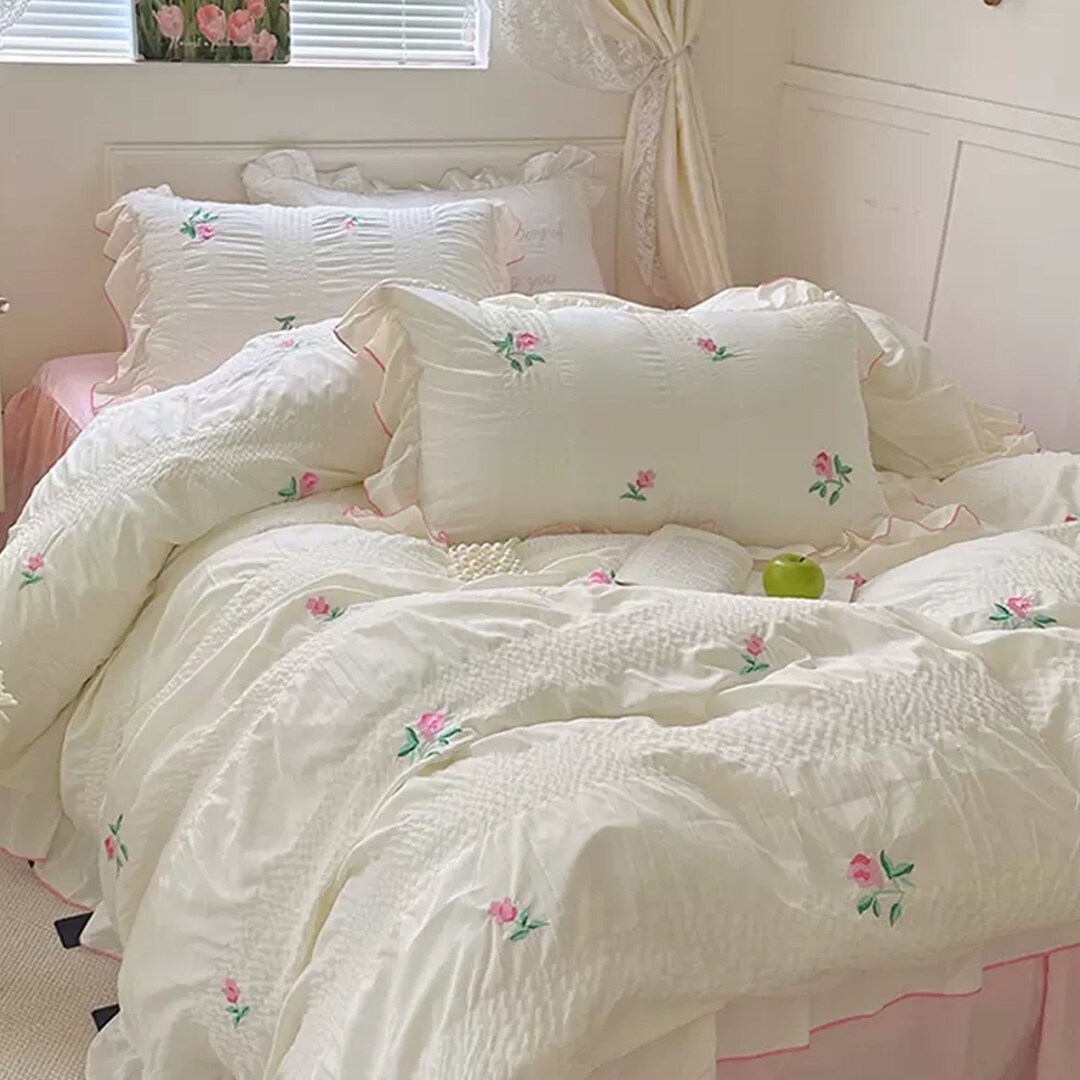 White Seersucker Duvet Cover Set Cute Flower Duvet Cover Set Etsy