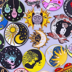 Cartoon Sun Moon Girl Patches, Hippie Letter Badges, Stripes Embroidery, DIY Iron On Patches for Clothing, Unique Stickers, Clothes Decor