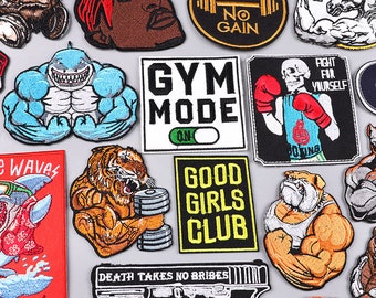 Gym Mood Patch, Muscle Animal Embroidery, Rock Sports Iron-On Patch, Thermo-Adhesive Clothing Patches, DIY Workout Gear, Athletic Applique