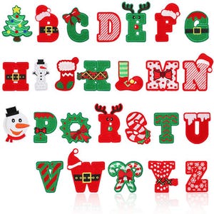 Adesivos com letras do alfabeto de Natal de A a Z, remendo bordado para passar a ferro, apliques para crachás, patches de letras para roupas e acessórios de presente