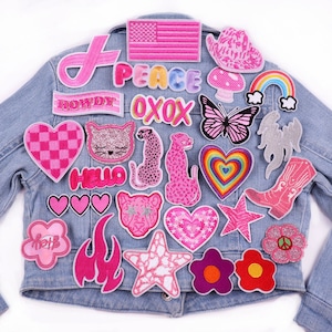 Estilo rosa (2) Patches bordados para roupas, desenhos de desenhos animados/animais faça você mesmo, letras de arco-íris, patches fáceis de passar a ferro para personalização criativa