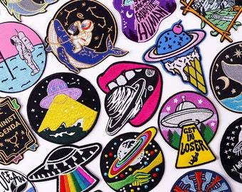 Outer Space Astronaut & Spaceship Iron-On Patches, Unique DIY Embroidery Designs for Cosmic Style, Ideal for Jeans, Jackets, Backpacks