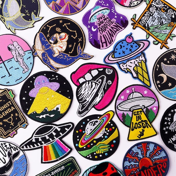 Outer Space Astronaut & Spaceship Iron-On Patches, Unique DIY Embroidery Designs for Cosmic Style, Ideal for Jeans, Jackets, Backpacks