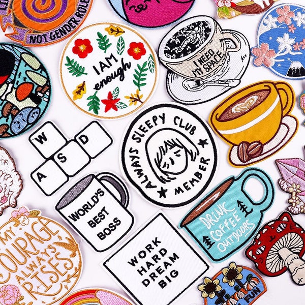 Cheerful Positivity and Coffee Vibes Iron-On Patches, Unique DIY Embroidery, Trendy Patches for Jeans, Jackets, Backpacks, Joy and Energy