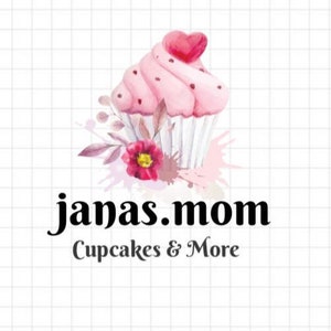 May include: A pink cupcake with a heart-shaped topper and floral accents. The text "janas.mom Cupcakes & More" is below the cupcake.