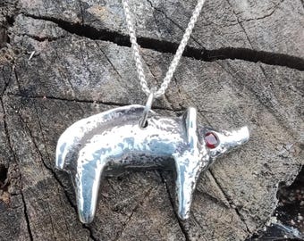 Celtic War Boar - Silver Pendant with Garnet Eye