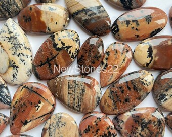 May include: A collection of 18 polished, teardrop-shaped, natural stones with a variety of brown, black, and white patterns. The stones are arranged on a white surface.
