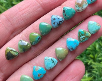 May include: A collection of 12 triangular turquoise cabochons in various shades of blue and green. The stones are arranged in two rows on a hand.