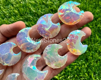 Aura Titanium Coated Opalite Crescent Moon Healing Crystal Stone Aura Angel Coated Crescent Moon, Opalite Obsidian Crystal Moon