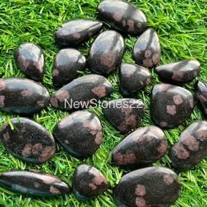 May include: A collection of 14 black and pink speckled stones, also known as leopard skin jasper, arranged on a green grassy surface. The stones are smooth and polished, with a variety of shapes and sizes.