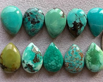 May include: Ten teardrop-shaped turquoise cabochons in various shades of green and blue. Some stones have brown or black matrix inclusions.