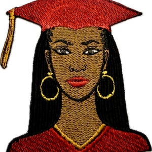 May include: Embroidered patch featuring a woman wearing a red graduation cap. The woman has dark hair, gold hoop earrings, and red lipstick. The patch is detailed with gold and brown thread, perfect for apparel or accessories.