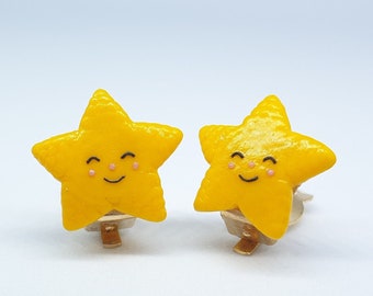 Happy face star clip on earrings for kids Y3-8 | smiling yellow star shaped ear clip for unpierced ear | flat back earrings for little girls