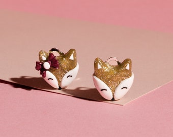 Gold fox earrings studs | animal clip on's for non pierced ears | shiny foxes ear clips | flat back earrings | golden gift for little girl