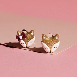 Gold fox earrings studs animal clip on's for non pierced ears shiny foxes ear clips flat back earrings golden gift for little girl image 1