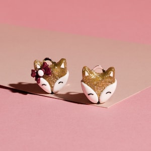 Gold fox earrings studs animal clip on's for non pierced ears shiny foxes ear clips flat back earrings golden gift for little girl image 1