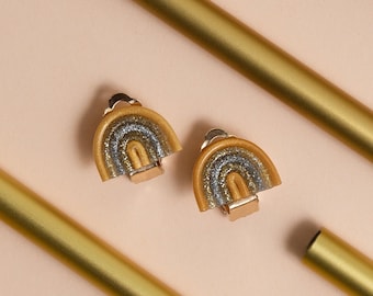 Shinny gold, silver rainbow clip on earrings for kids Y3-8 | cute arch shaped non pierced flat back earrings for children | first ear clips